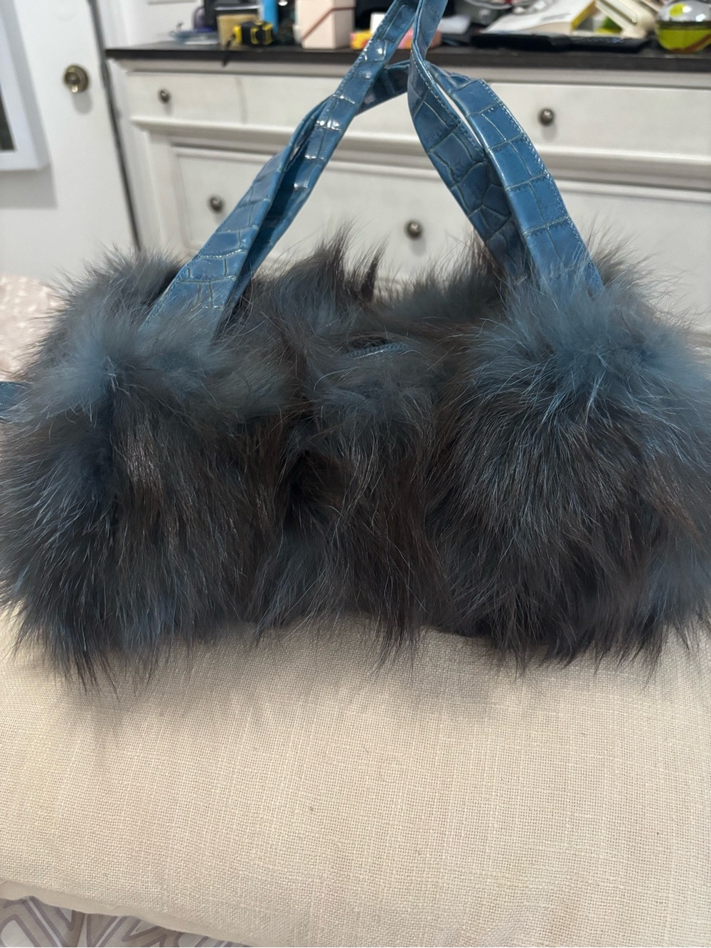Paolo Masi Blue Faux Fur Pom Pom Handbag with Croc-Texture Straps